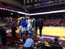 A Blake team huddle at Williams Arena