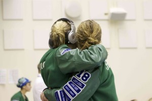 Kelsey Swing '15 and Maddy Rondestvedt '18 congratulate one another on stellar performances.