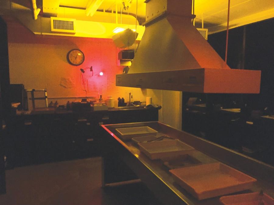 The school’s darkroom, which in use is illuminated by a dim red light so that students can see what they are doing, but the film isn’t overexposed.