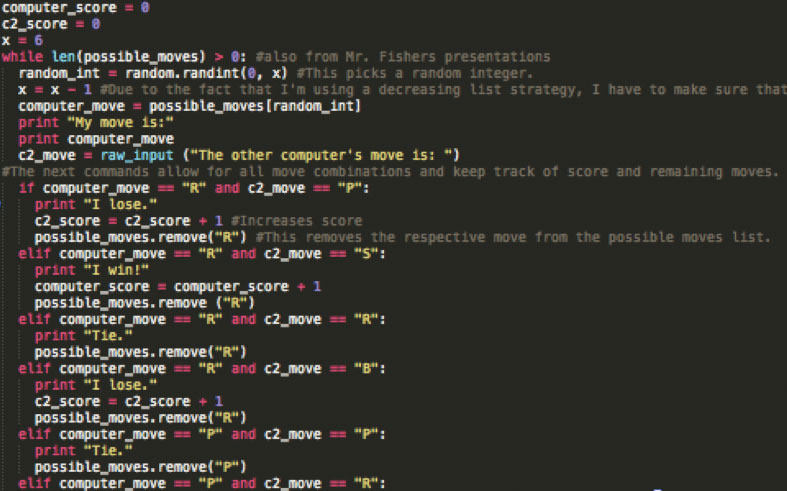 A portion of Python code that plays Rock, Paper, Scissors with the user. 