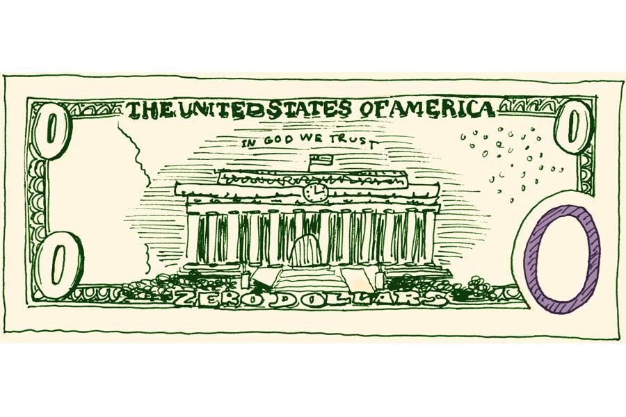 A drawing of a U.S. dollar bill with 0 as the amount.