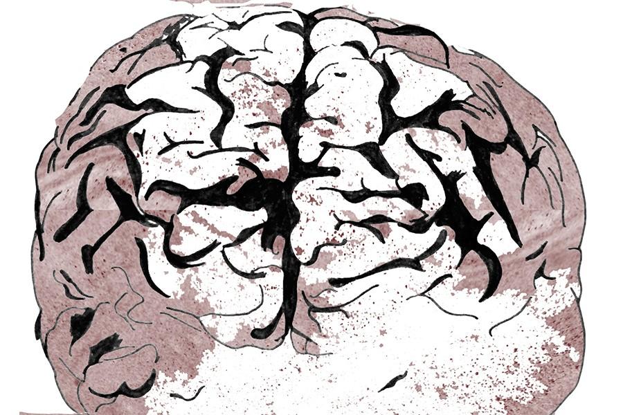 A drawing of the human brain, with some red-gray coloring on the edges.