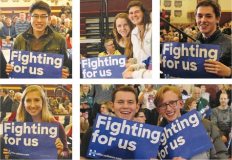 from left: Darrel Hong '16, Julia Shepard '16, Robyn Lipschultz '16, Bennett Mattson '17, Caitlin Kearney '16, Sam Gittleman '16, and Calvin Rusley '16 all show their support at Hilary Clinton's rally with her slogan "Fighting for us."