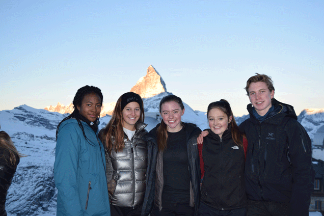 Alyssa Story 19, Bella Burke 19, Ashlyn Kehoe 19, Paige Bernstein 19, and Will Taylor 19 pose in front of Mt. Zermatt in Switzerland during their semester away. 