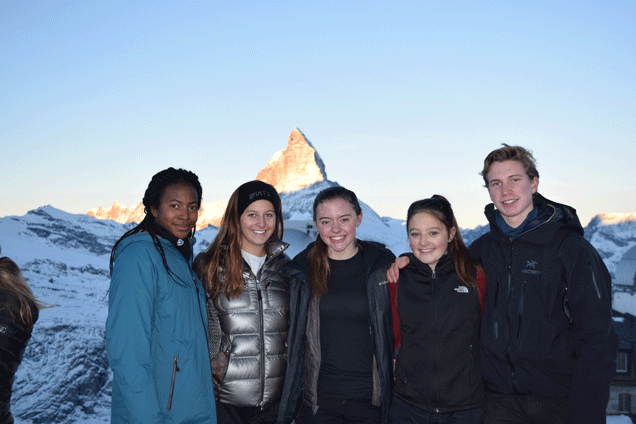 Alyssa+Story+19%2C+Bella+Burke+19%2C+Ashlyn+Kehoe+19%2C+Paige+Bernstein+19%2C+and+Will+Taylor+19+pose+in+front+of+Mt.+Zermatt+in+Switzerland+during+their+semester+away.+