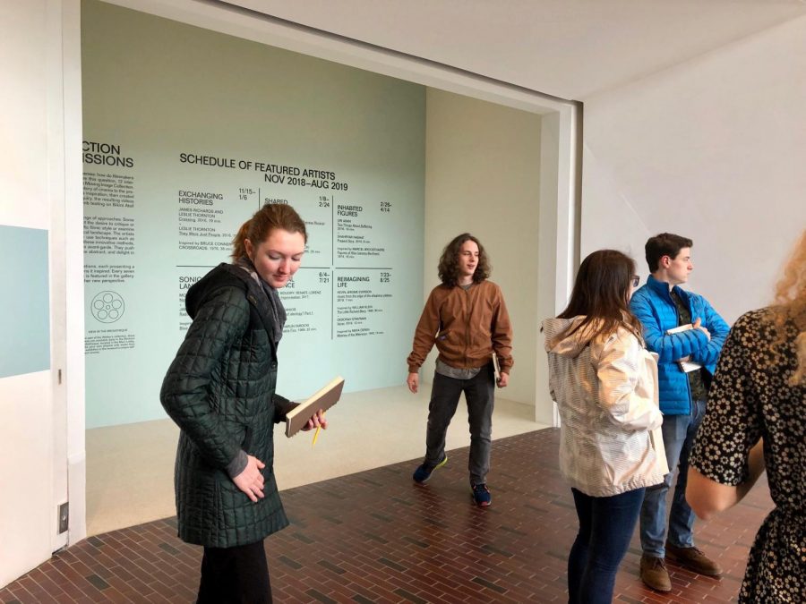 Lilli Herpers 19, Sierra Erdman Luntz 19, Henry Roach 19, and Tanner Parr 19 at the Walker Art Center for their Art History class