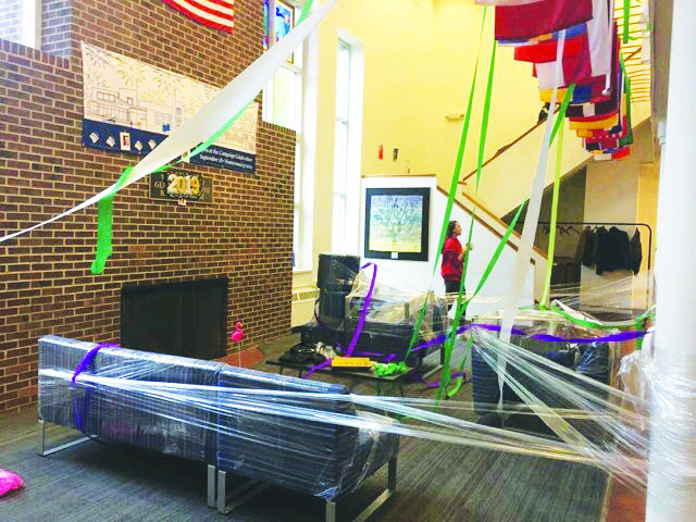 The Junior Lounge after the 2019 Senior Prank, a longstanding tradition often contested by faculty. 