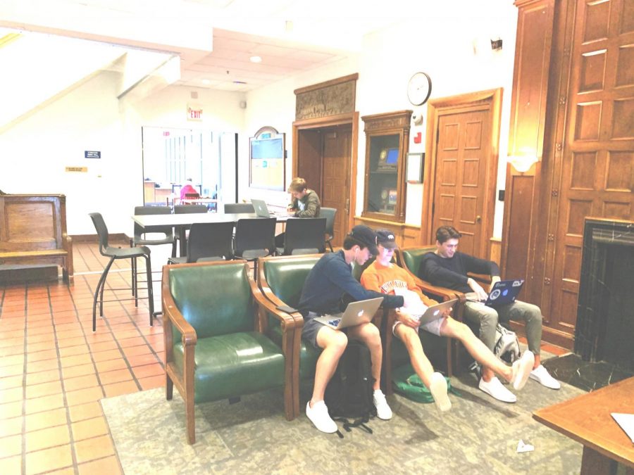 Seniors Will Svendall 20, Sam Hykes 20, Gavin Best 20, and Henry Ericson 20 enjoy the senior lounge, which they have been waiting to use since freshman year