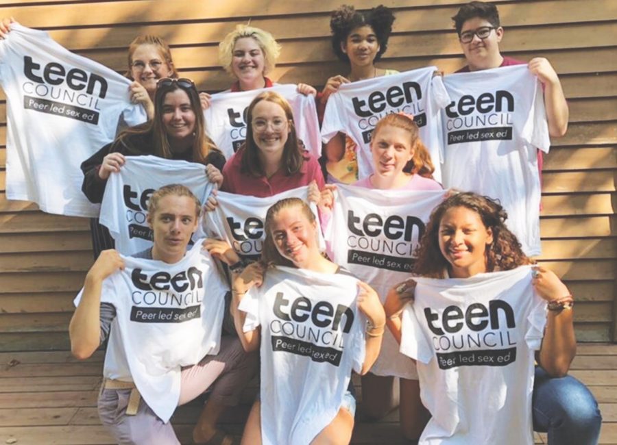 Annabelle Swigert ‘22, center front, and Planned Parenthood Teen Council sport their new shirts.