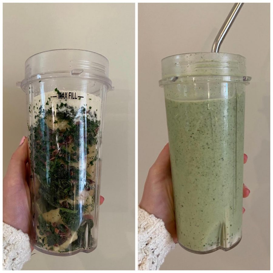 All of the ingredients of the chocolate chip mint smoothie in the cup before getting blended (left) and the smoothie blended together (right).