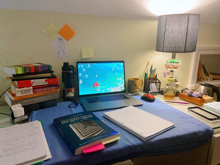 “This is my desk I set up here at home.”
