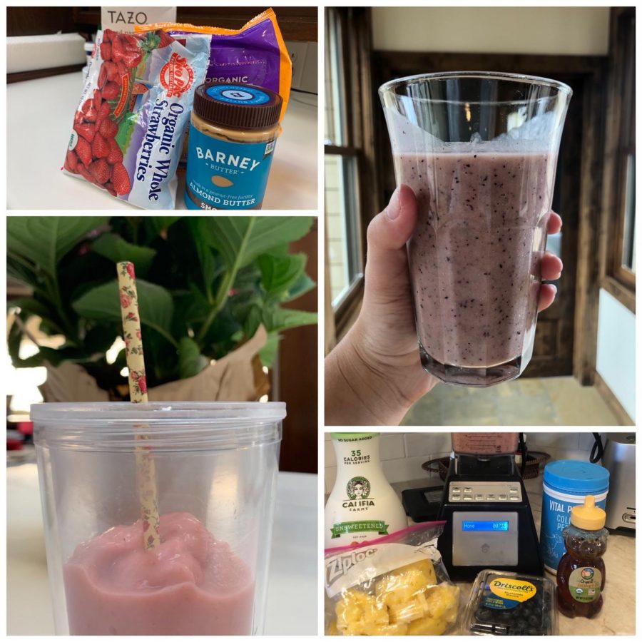 Maggie Seidels 22 smoothie  (bottom left) with the ingredients she used (top left) and Sara Richardsons  21 smoothie (top right) and the ingredients she used (bottom right)