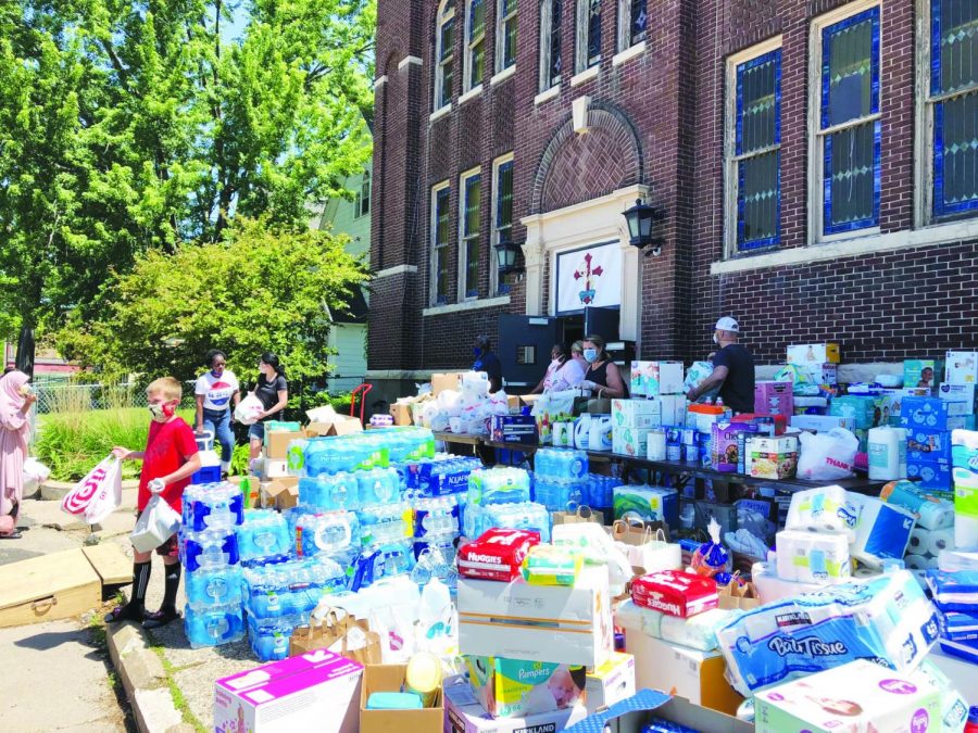Food and household supply donations at Greater Mount Vernon Church.