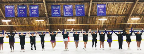Athletes pose as a team at the end of their routine from last year’s skating exhibition held at the Blake Ice Arena. 