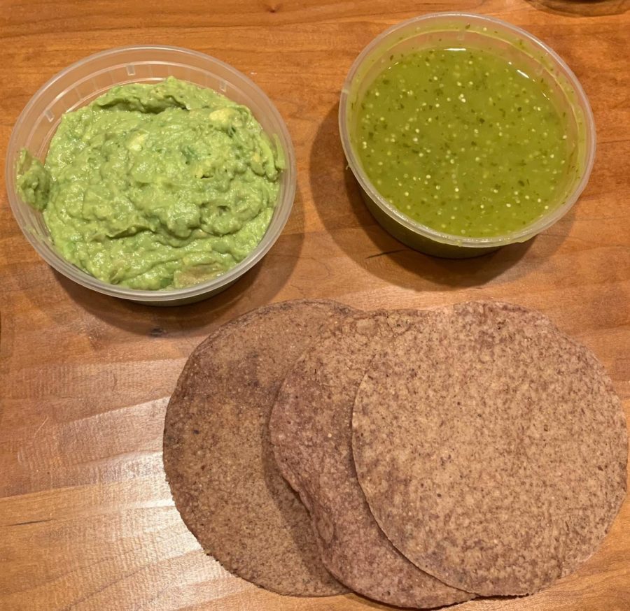 Nixtas+homemade+chips%2C+guacamole%2C+and+salsa+verde.