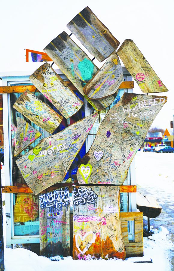 A symbol of the BLM movement was constructed in downtown Minneapolis with scrap materials left from the civil unrest this past summer