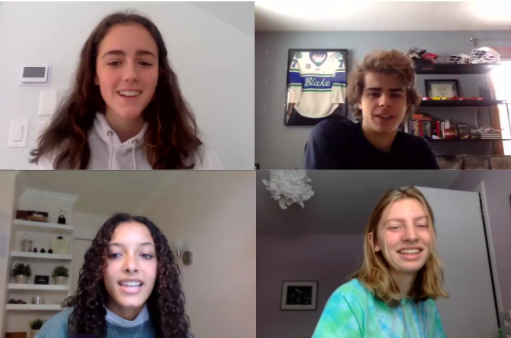 Rachel Winkey ‘21, Ryan Ressemann ‘21, Solveig Bingham ‘21, and  Ellie Goddard ‘21 are four of the assembly moderators for the 2020-2021 school year.