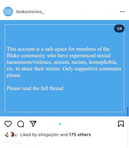 The @blakestories_ Instagram posts feature a trigger warning slide and a slide detailing stories submitted by students on the anonymous Google Form