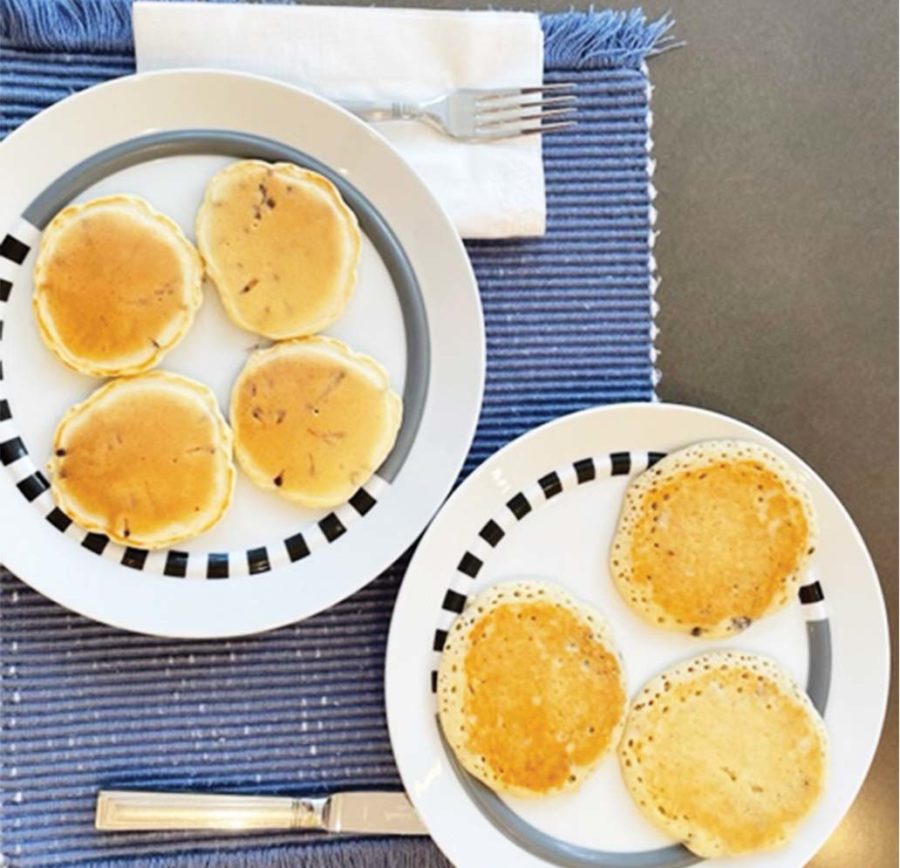 The Eggos pancakes are pictured on the bottom left plate and the homemade pancakes are featured on the upper right plate.