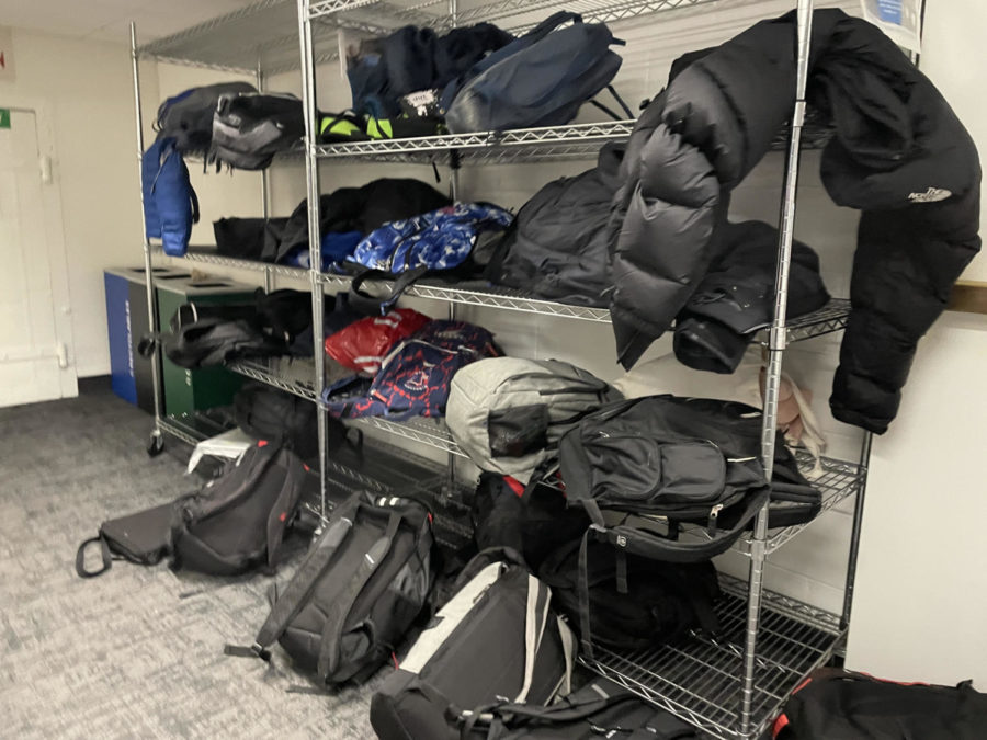 Many students choose to store extra equipment atop equipment shelves rather than in lockers.