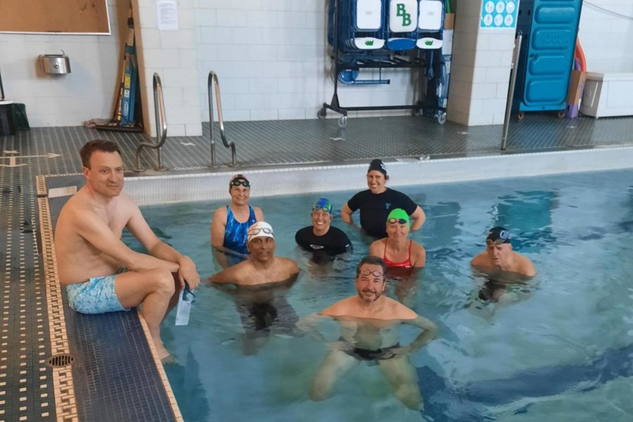 Students of the swim school pose in the water. Each lesson lasts for 30 minutes at Blakes Hopkins campus. 