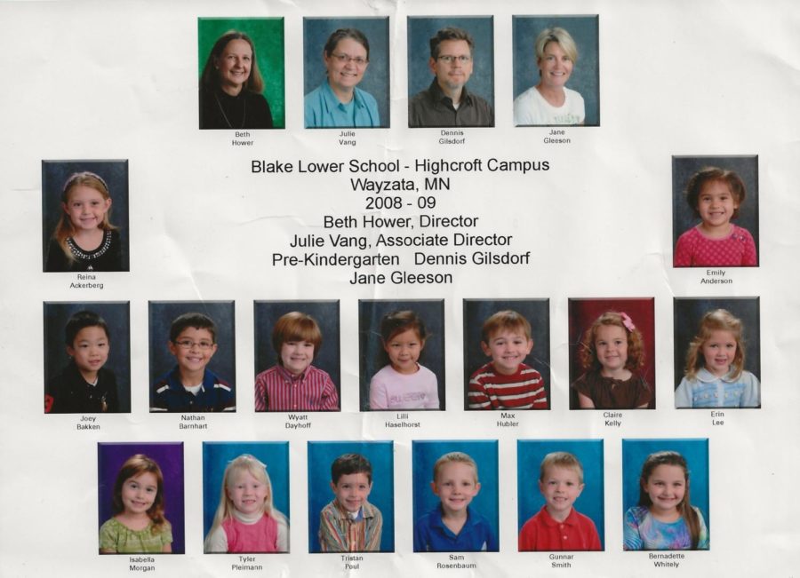 Pictured above is Dennis Gilsdorf’s and Jane Gleeson’s pre-kindergarten class of 2008-2009 from the Highcroft Campus. As current seniors come the end of their high school careers, many lifers are reflecting on their fourteen years at Blake. From young kids to college freshman, time has flown by. 