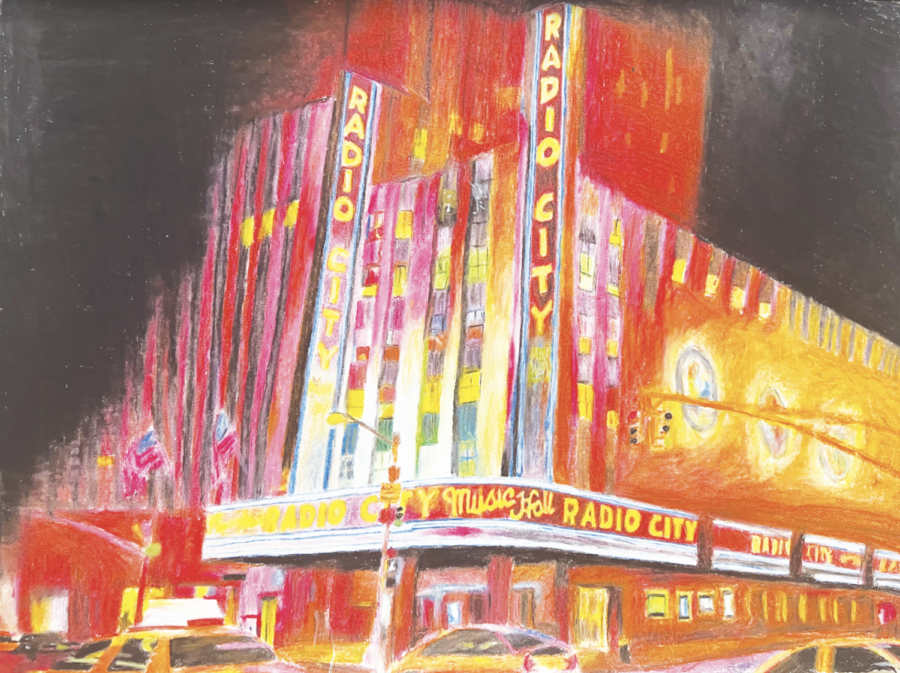 An oil pastel painting, of Radio City Music Hall, created in 2018.