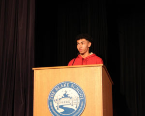 Jalen Wilson ‘23 delivers his senior speech during assembly on November 17. Along with the other seniors, Wilson receives feedback about his speech from teachers and advisors.