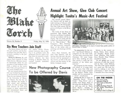 The front page of “The Blake Torch” issue published in 1970 includes descriptions of the “Glee Club” and its Music-Art festival, new faculty, and a new photography course that was introduced that year. This page of “The Torch” evidently illustrates the changes of Blake culture. 