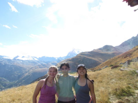 Vivien Pihlstrom, Uma Bastodkar, and Leyla Lyu complete a two-day hike to the Trift Hut, above Zermatt. Other attendees not pictured include Obi Nwokocha and Sophia Peterson ‘25. 