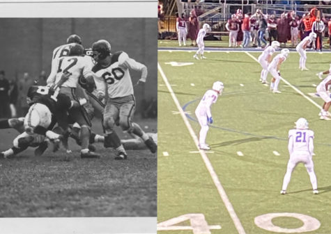 Left: The Bears defeated SPA 33-20 in 1966. The Bears were led by former head coach and biology teacher Dom Mezzenega, defeating the Spartans for the fifth time in six years. Right: After merging football programs with SPA, athletes from both schools now take the field together, as shown here at the homecoming game in Oct. 2022, a 24-0 victory for the Wolfpack.