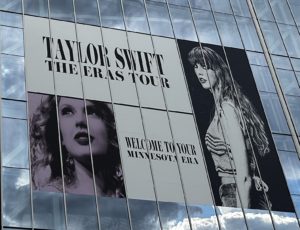 Taylor Swift’s Eras Tour logo on the outside of the US Bank Stadium downtown Minneapolis, MN in June from when she performed there. 