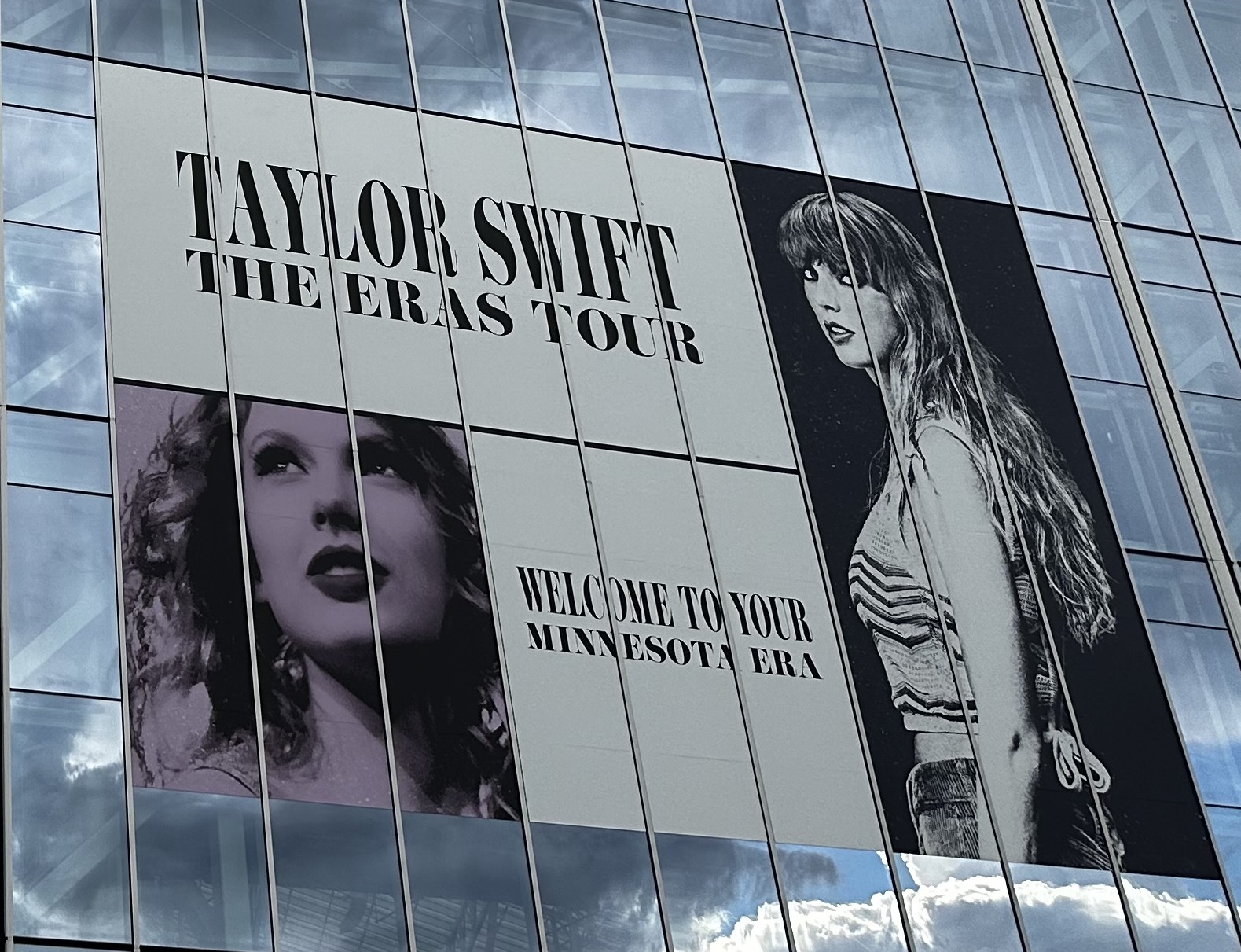 Taylor Swift’s Eras Tour logo on the outside of the US Bank Stadium downtown Minneapolis, MN in June from when she performed there. 