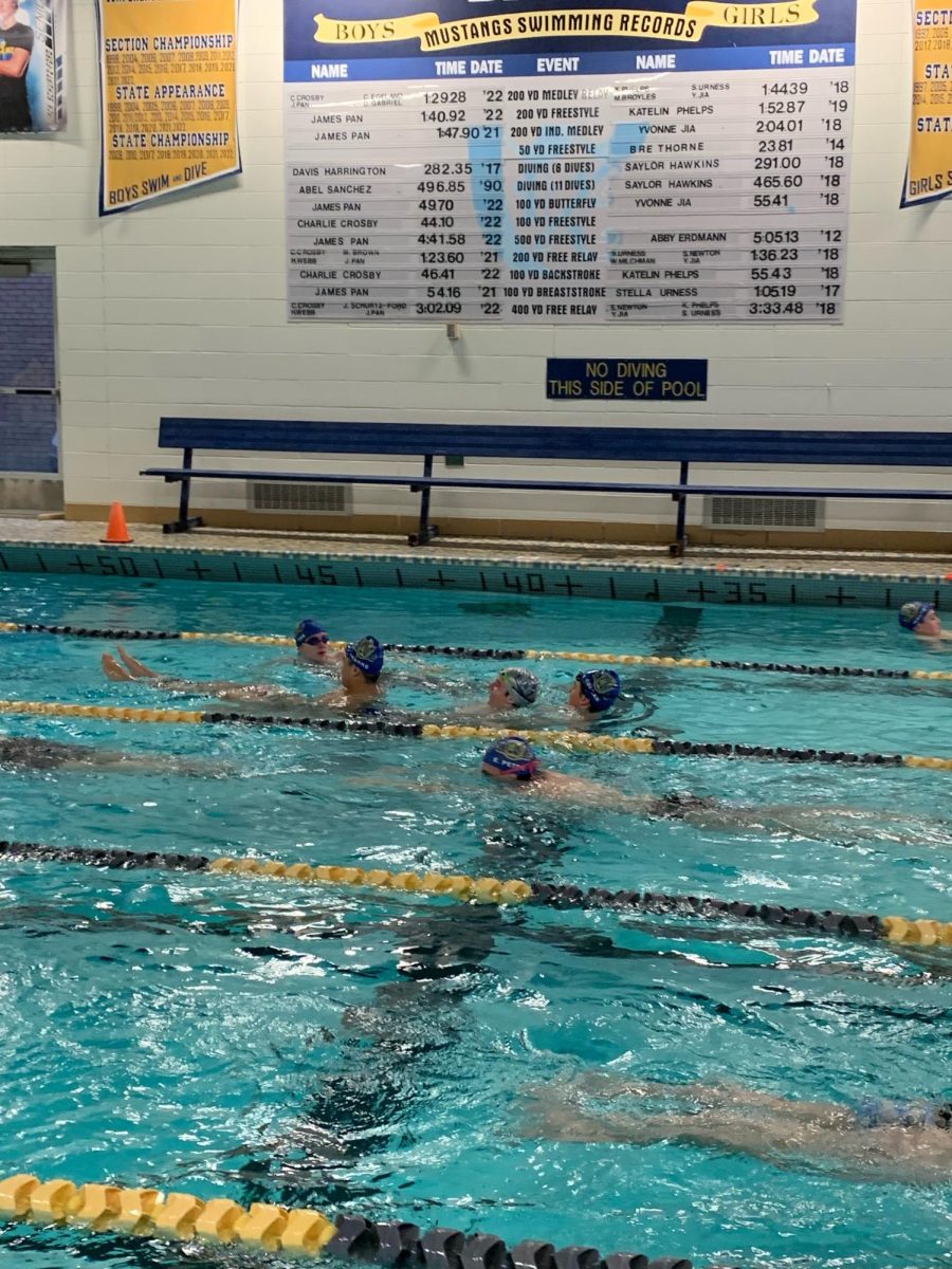 Members of Boys’ Swim & Dive Team sculling in warmups ahead of meet.