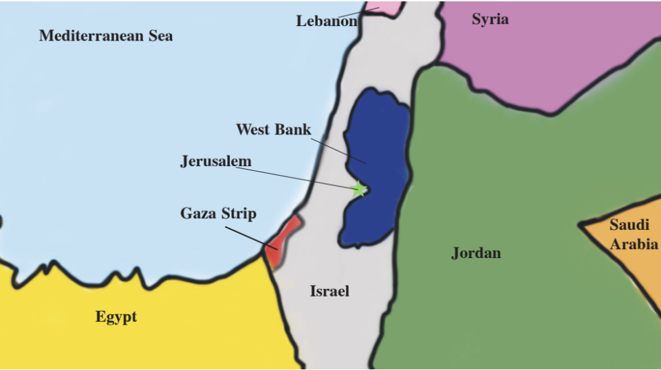 Map of the Middle East as of December 2023. The geography of the State of Palestine is highly contested. About two million Palestinians reside in the Gaza Strip and around three million in the West Bank. The green star marks Jerusalem.