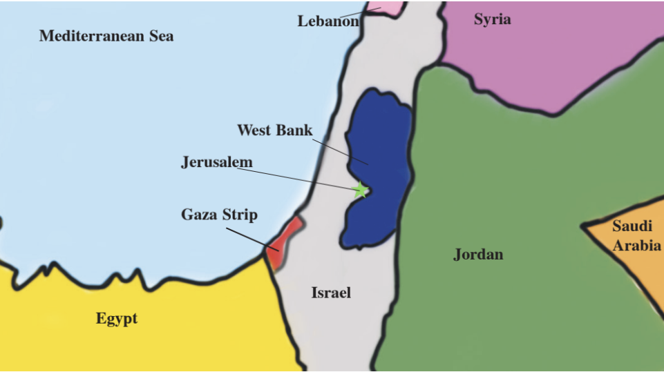 Map+of+the+Middle+East+as+of+December+2023.+The+geography+of+the+State+of+Palestine+is+highly+contested.+About+two+million+Palestinians+reside+in+the+Gaza+Strip+and+around+three+million+in+the+West+Bank.+The+green+star+marks+Jerusalem.