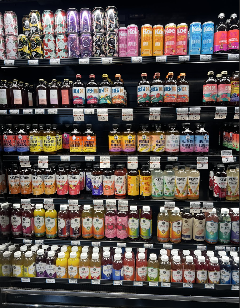 Kowalski’s drink section provides a wide array of kombucha flavors and brands.
