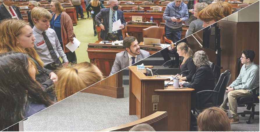 Left: Agrawal, bottom right corner, learns from Dan Wolgamott (DFL 14B) in the High School Page program at the Capitol, which she described as “an experience like no other.” Right: Organized by Cheryl Youakim (DFL 46B), Zacks and two other students, Stella McHugh and Belle Lapos from Stillwater’s student newspaper Pony Express, testified in support of the New Voices Bill.