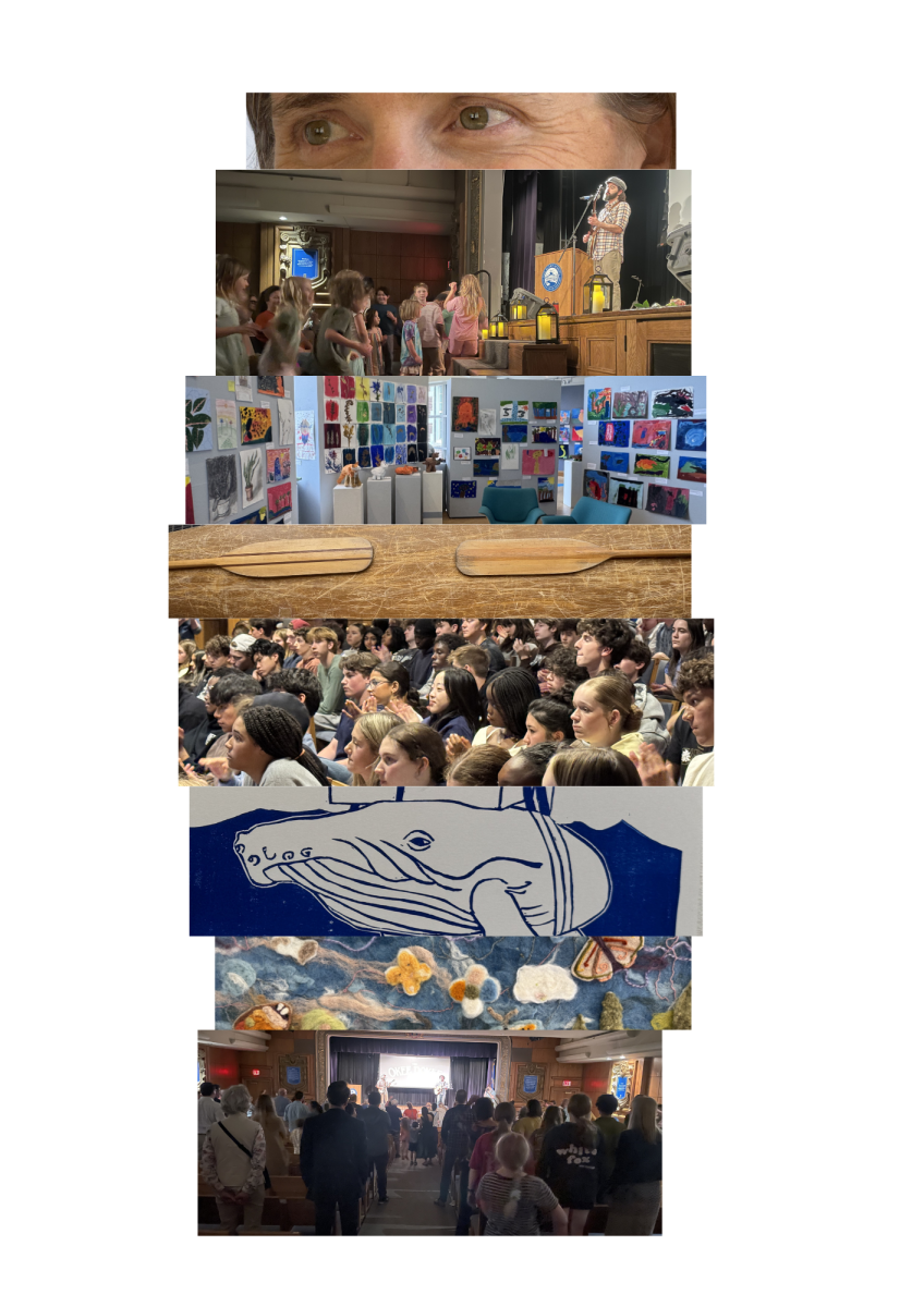 From top to bottom: 1. On protecting the Boundary Waters, Otis Environmental Author Amy Freeman said, “If you’ve been before, try and take someone new the next time you go. I think the more people that know about the place [they] understand it, love it, and want to protect it.” 2. Lower schoolers danced around the stage, eventually forming a mosh pit. The dancing intensified, leading to the band to ask kids to return to their families. 3. The Bennett Gallery features nature artwork from students of all grade levels, including Arthur Risdall ‘37 and Lilah Mairose ‘28. The curators wanted the gallery to feel like taking a walk outside. 4. Eighth graders in Woodshop created canoe paddles for the exhibit. The canoe was a reference to the Freemans’ book, “North American Odyssey, 12,000 Miles Across the
Continent by Kayak, Canoe, and Dogsled.” 5. Students listen during assembly as the Freemans share
their experiences in the JNA. 6. Alex Rozumalski ‘26 made artwork in a joint project between Block Printmaking and Marine Biology. The text by Rozumalski’s artwork said, “We have over-harvested, pollluted, and physically altered ecosystems, in some places irreparably. But it doesn’t have to remain that way.” 7. Lower School students created an eco-friendly felt art piece of the natural world. Most of the
wool was dyed naturally with onion skins, choke berries, indigo, and dahlia flowers. 8. Many families enjoyed the Okee Dokee Brothers concert. Overcash reminisced, “My dad has always been a fan of folk music, so the Okee Dokee Brothers reminds me of him. I think he got me into it.”